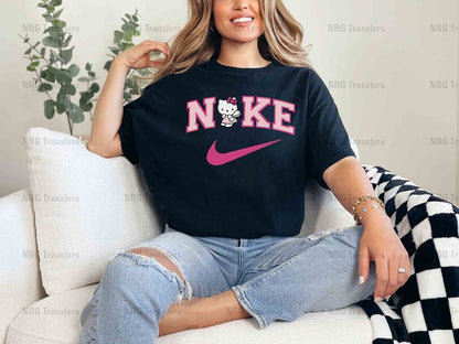 a woman sitting on a couch wearing a nike shirt