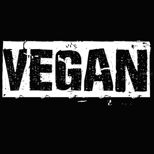 a black and white photo of the word vegan