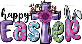 a happy easter sign with a cross and flowers