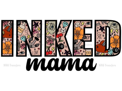 the word inked mama is surrounded by doodles