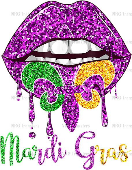 a purple and green glitter lips with the words mardi gras on it