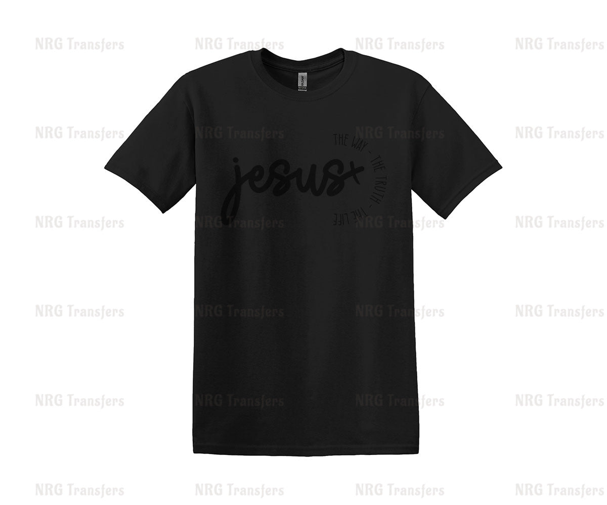 a black t - shirt with the word jesus printed on it