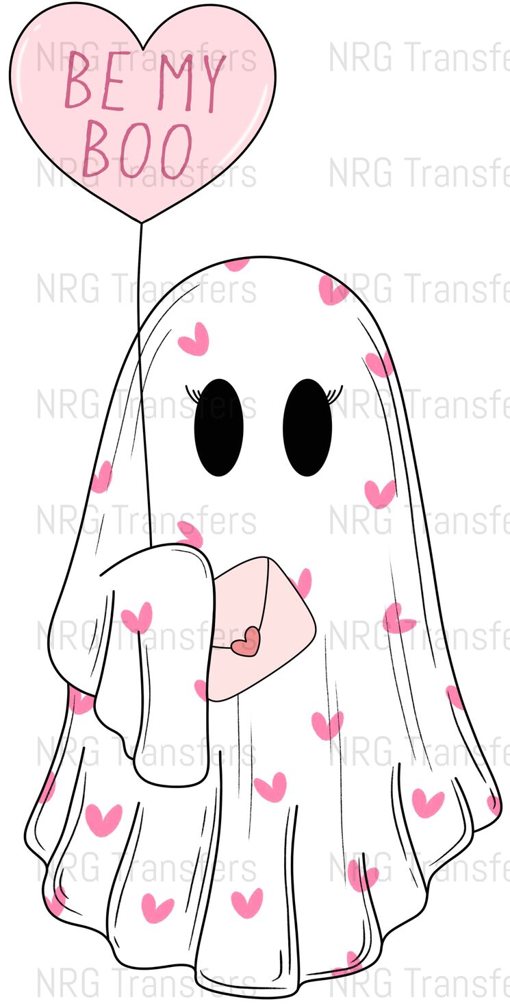 a ghost with a heart shaped balloon saying be my boo