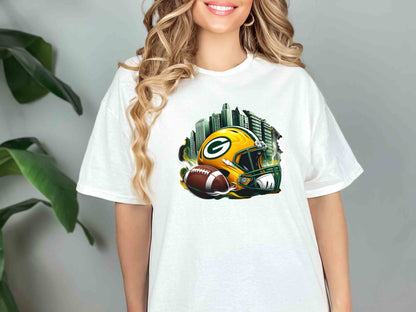 a woman wearing a green bay packers t - shirt