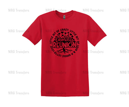 a red t - shirt with the words reunion printed on it